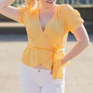 Max Studio Blouse Wrap A Round Gingham Short Sleeve